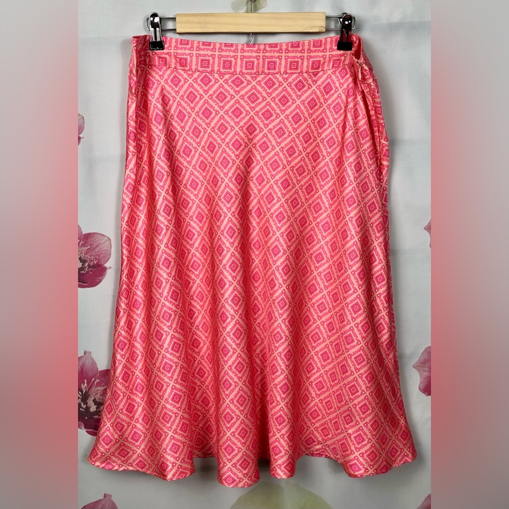 Geometric Medallion Print - Silk Tulip Skirt - Pink Coral Red - size 14 -